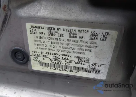 2004 Nissan Sentra 1.8S from USA, damaged, VIN 3N1CB51D24L904417